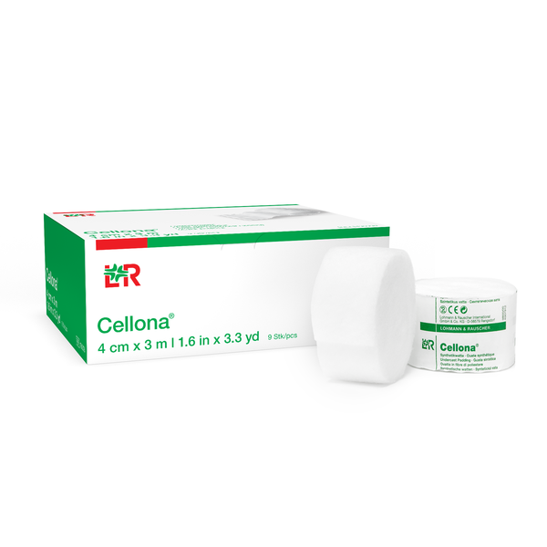 Box and roll of Cellona medical tape on a white background