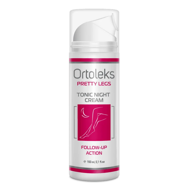 Ortoleks Pretty Legs Tonic Night Cream in a white cylindrical pump bottle with a clear cap, featuring pink and gray text and graphics on a white background.
