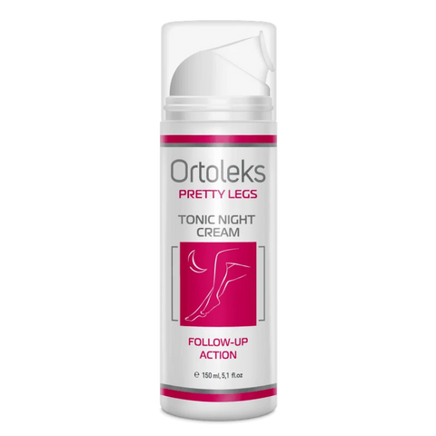 Ortoleks Pretty Legs Tonic Night Cream in a white cylindrical pump bottle with a clear cap, featuring pink and gray text and graphics on a white background.