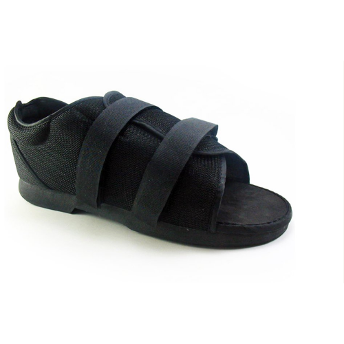 Black medical shoe multiple straps on a white background