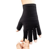 Black glove with half-finger design held by a hand on a white background