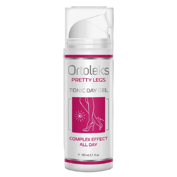 Ortoleks Pretty Legs Tonic Day Gel in a white cylindrical pump bottle with pink and gray text and graphics, shown on a plain white background.