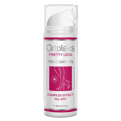 Ortoleks Pretty Legs Tonic Day Gel in a white cylindrical pump bottle with pink and gray text and graphics, shown on a plain white background.